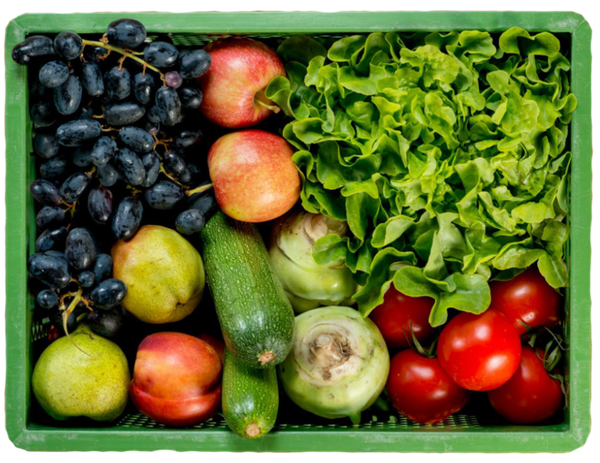 Grüne Kiste mit blauen Trauben, Zucchini, Äpfel, Birnen, Tomaten, Blattsalat und Kohlrabi