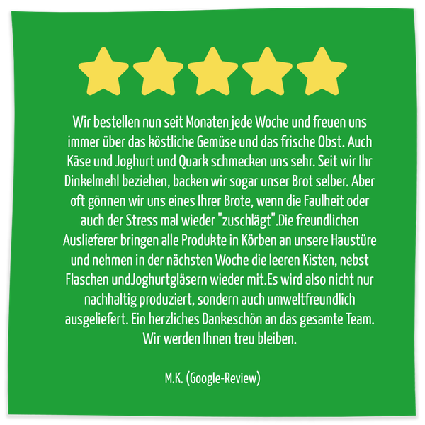 KI generiert: Ein fünf-Sterne-Review mit positivem Feedback zu einem Lieferdienst.